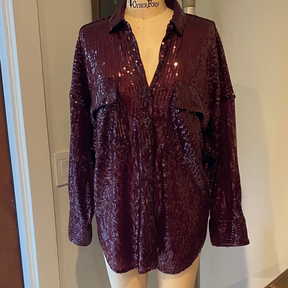 Pilcro Burgundy Sequin Button Down Shirt